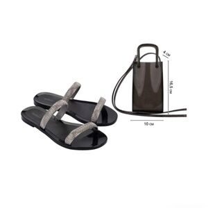 Melissa GLITZ Black Sandals with Silver Straps and cell phone crossbody